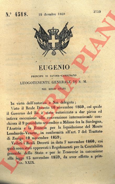 Regio Decreto - con il quale si stabilisce che dal 1 gennaio 1861 l'amministrazione del Monte Lombardo dipende dalla direzione generale del Debito Pubblico dello Stato.