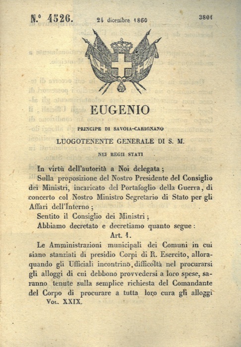 Regio Decreto - con cui si decide che il Comandante del Corpo provveder alla ricerca dell'alloggio per gli ufficiali in caso essi avessero difficolt.