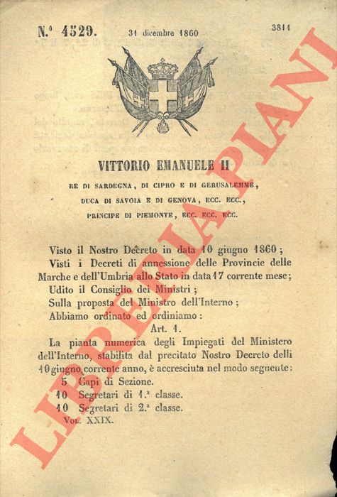 Regio Decreto - con cui si stabilisce l'aumento del personale presso il Ministero dell'Interno.