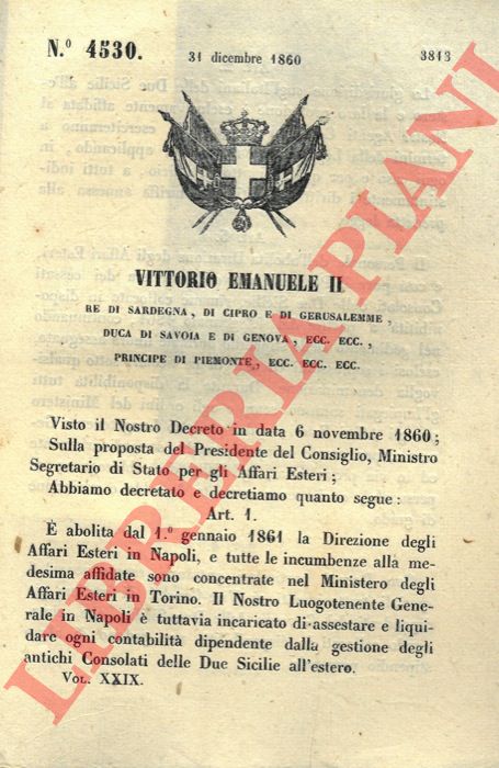 Regio Decreto - con cui si abolisce dal 1 Gennaio 1861 la Direzione degli Affari Esteri.