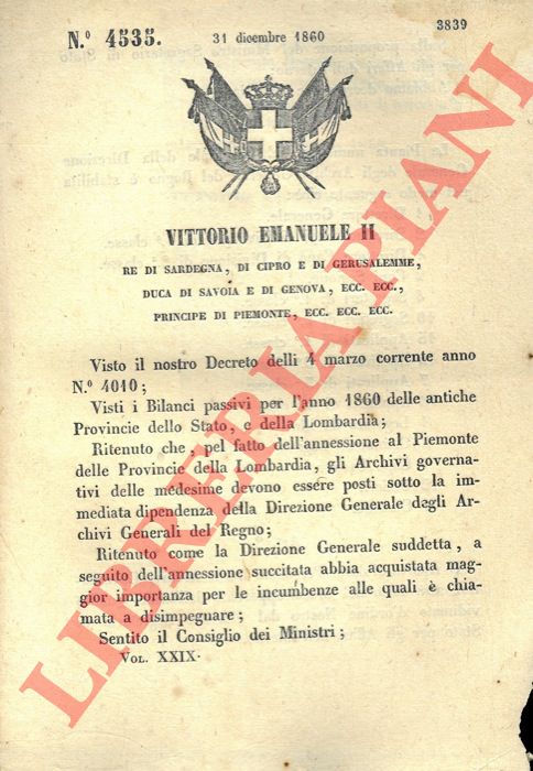 Regio Decreto - con cui si stabilisce la pianta del personale della Direzione Generale degli Archivi generali del Regno.