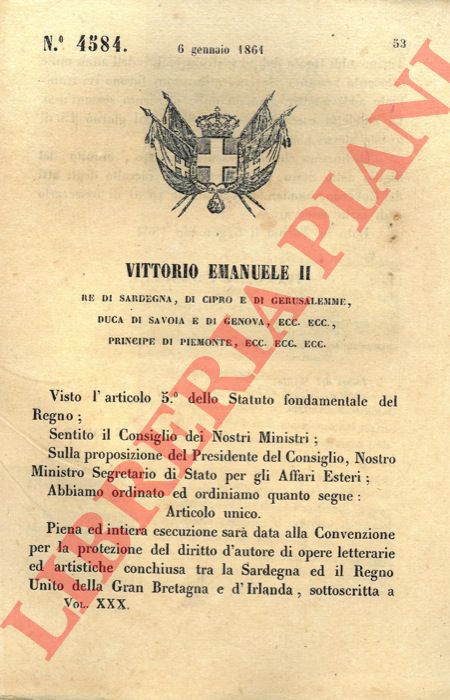 Regio Decreto - con cui si d piena esecuzione alla protezione dei diritti d'autore di opere letterarie ed artistiche concluse tra Sardegna e Regno Unito.