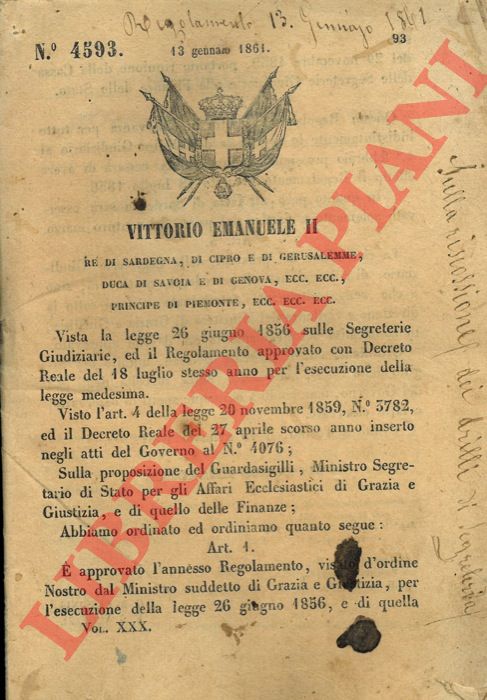 Regio Decreto - con cui si approva il regolamento relativo alla riscossione di diritti di segreteria.