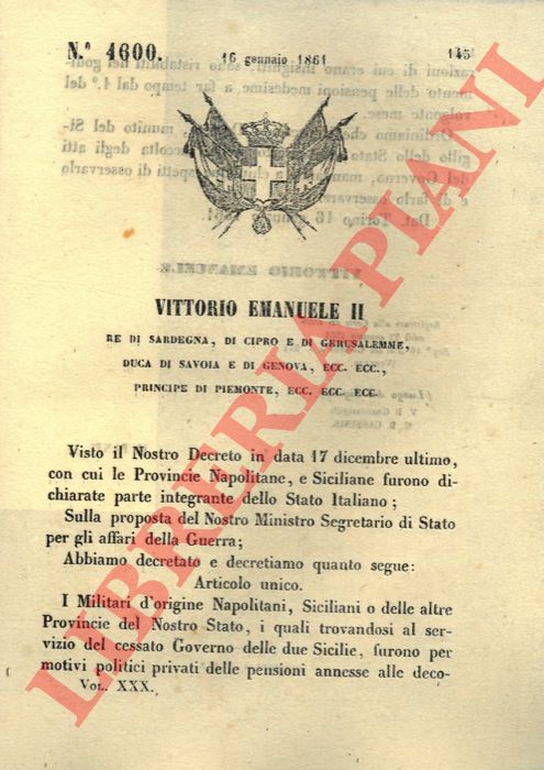 Regio Decreto - con cui si ristabiliscono i godimenti delle pensioni ai militari napoletani e siciliani privati delle stesse.