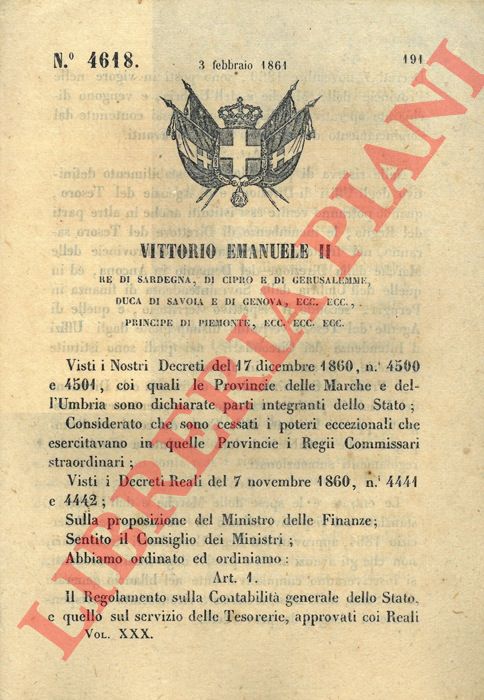 Regio Decreto - con cui si mettono in vigore il regolamento sulla contabilit generale dello Stato e aquello del servizio delle tesorerie nelle Marche ed in Umbria.