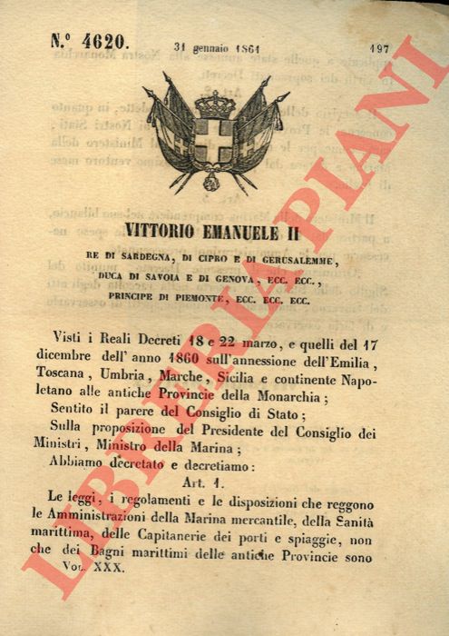 Regio Decreto - con cui si applicano le leggi ed i regolamenti che reggono le amministrazioni della marina mercantile annesse alla nostra monarchia.