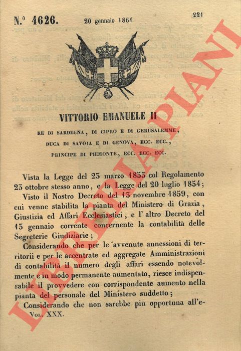 Regio Decreto - con cui si stabilisce la pianta numerica degli impiegati del Ministero di Grazia e Giustizia.