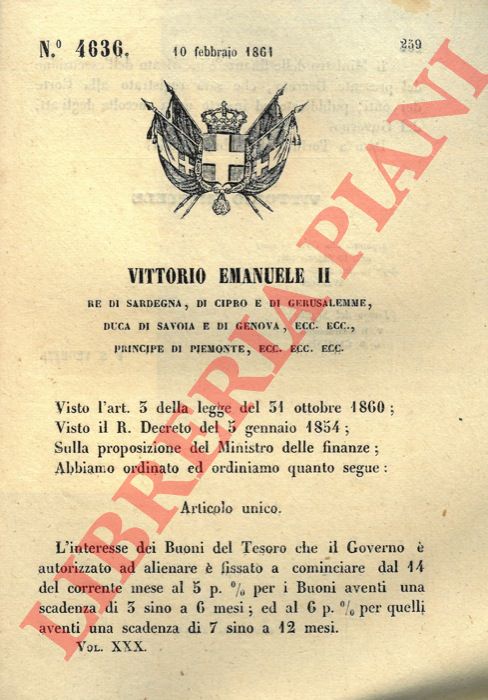 Regio Decreto - con cui si stabilisce l'interesse dei Buoni del Tesoro che il Governo  autorizzato ad alienare.