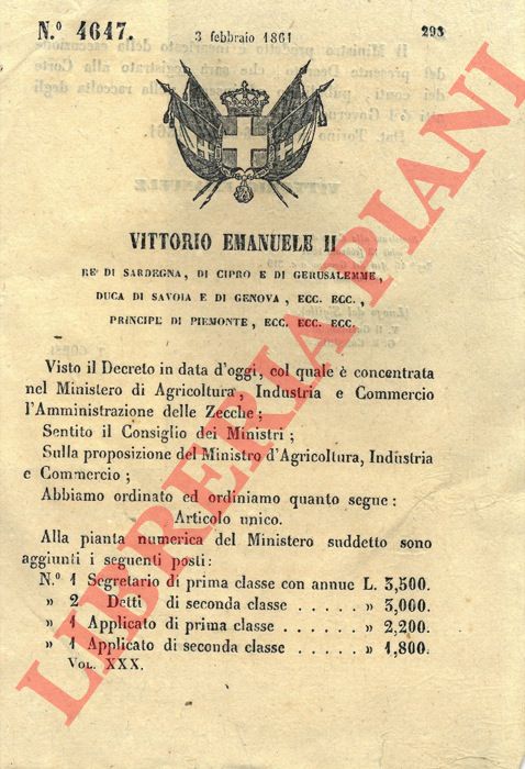 Regio Decreto - con cui si stabilisce l'aggiunta di posti alla pianta numerica del Ministero di Agricoltura, Industria e Commercio.