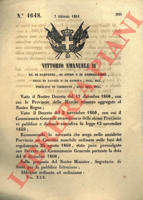 Regio Decreto - con cui si assegna alla citt di Fermo la somma di Lire 7.000 a patto che venga istituito e mantenuto nel Liceo governativo un convitto maschile.