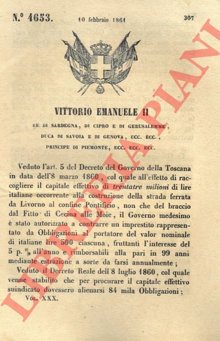 Regio Decreto - con cui si stabiliscono le regole relative alle obbligazioni, alla carta sulla quale verranno stampate e agli interessi relativi alle stesse.