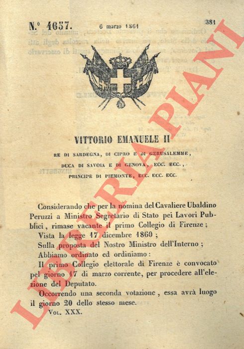 Regio Decreto - con cui si convoca il collegio elettorale di Firenze per la nomina del deputato.