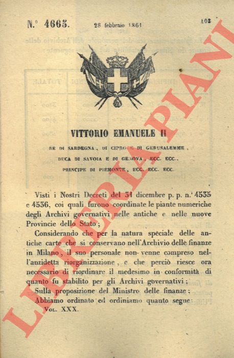 Regio Decreto - con cui si stabilisce la pianta del personale dell'archivio delle finanze a Milano.