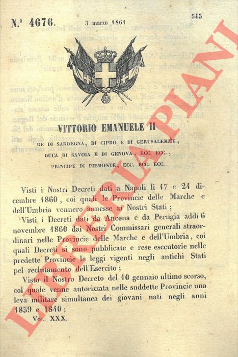 Regio Decreto - con cui si stabilisce che il numero dei Commissari di leva nelle Province delle Marche e dell'Umbria sia di 13.