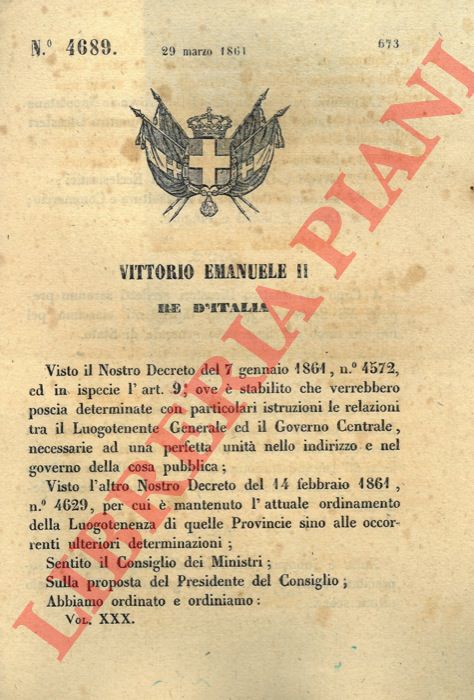 Regio Decreto - con cui si stabilisce che le provincie napoletane vengano divise in quattro dicasteri.