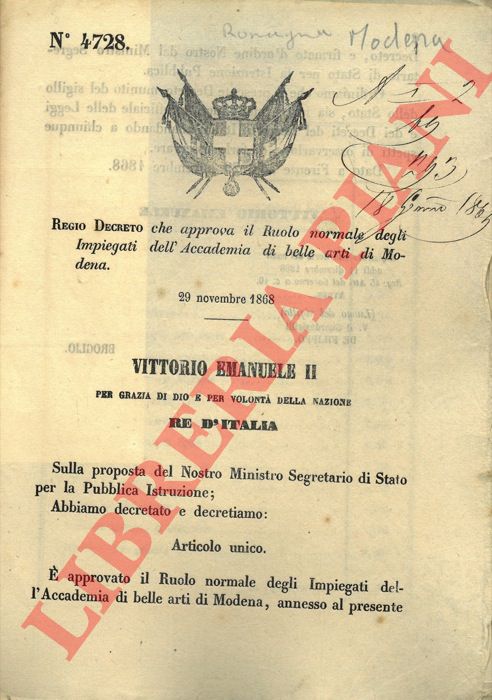 Regio Decreto - che approva il Ruolo normale degli Impiegati dell'Accademia di Belle Arti di Modena.