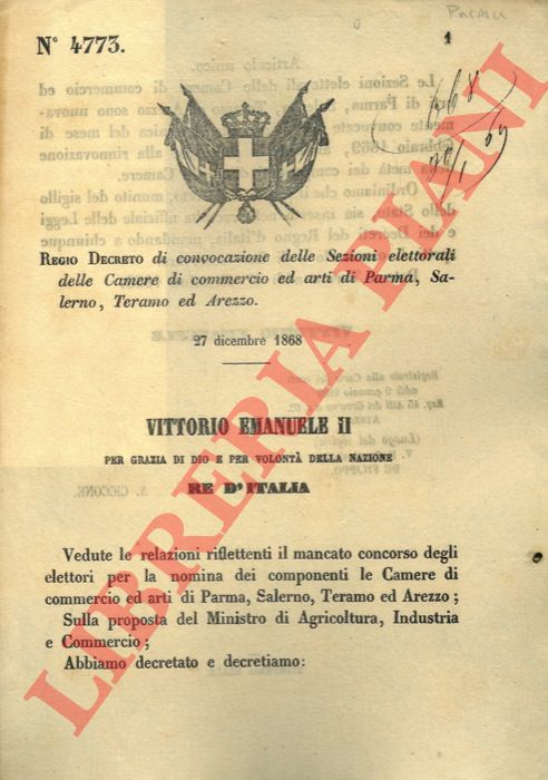 Regio Decreto - di convocazione delle Sezioni elettorali delle Camere di commercio ed arti di Parma, Salerno, Teramo ed Arezzo.