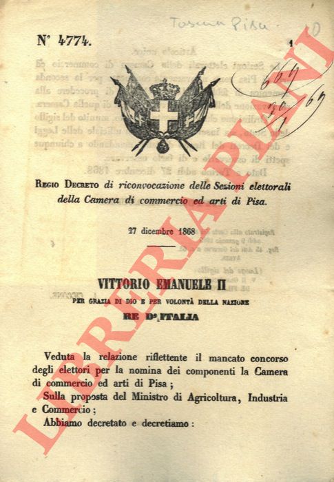 Regio Decreto - di riconvocazione delle Sezioni elettorali della Camera di commercio ed arti di Pisa.