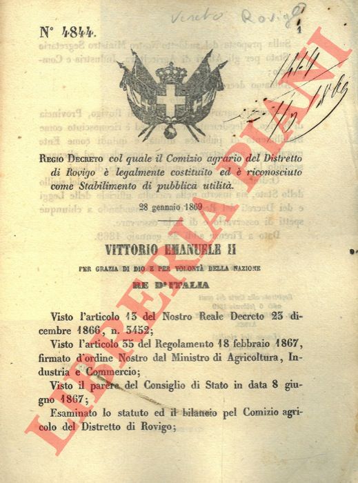 Regio Decreto - col quale il Comizio agrario del Distretto di Rovigo  legalmente costituito ed  riconosciuto
