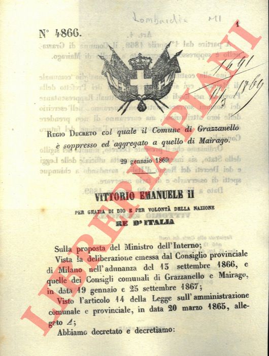 Regio Decreto - col quale il Comune di Grazzanello  soppresso ed aggregato a quello di Maiarago.