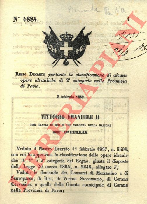 Regio Decreto - portante la classificazione di alcune opere idrauliche di 2a categoria nella Provincia di Pavia.