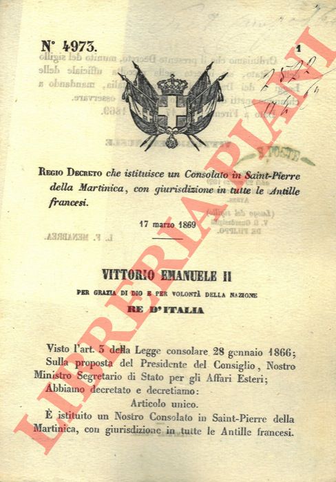 Regio Decreto - che istituisce un Consolato in Saint-Pierre della Martinica, con giurisdizione in tutte le Antille francesi.
