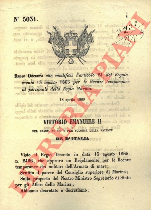 Regio Decreto - che modifica l'articolo 24 del Regolamento 13 agosto 1865 per le licenze temporanee al personale della Regia Marina.