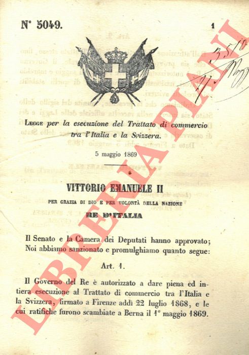 Legge - per la esecuzione del Trattato di commercio tra l'Italia e la Svizzera.