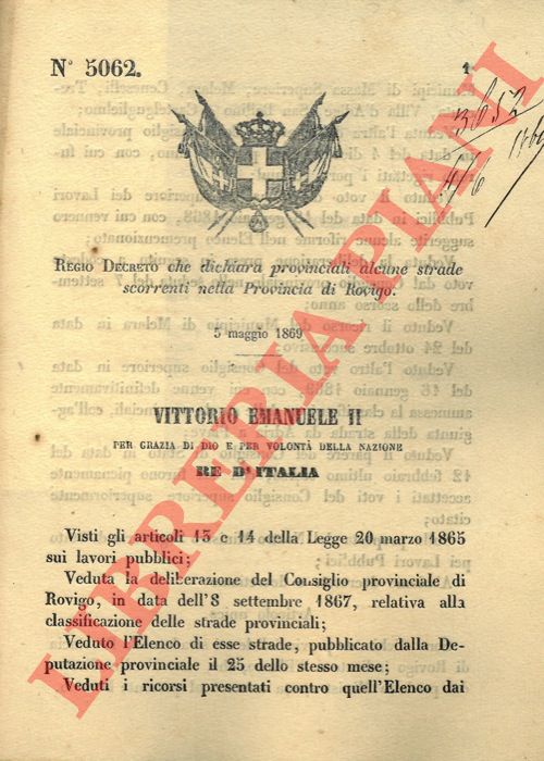 Regio Decreto - che dichiara provinciali alcune strade scorrenti nella Provincia di Rovigo.