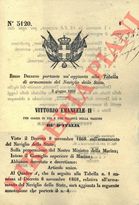 Regio Decreto - portante un'aggiunta alla Tabella di armamento del Naviglio dello Stato.