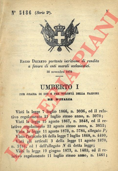 Regio Decreto - portante iscrizione di rendita a favore di Enti morali ecclesiastici.