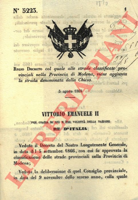 Regio Decreto - col quale alle strade classificate provinciali nella Provincia di Modena, viene aggiunta la strada denominata della Chiesa.