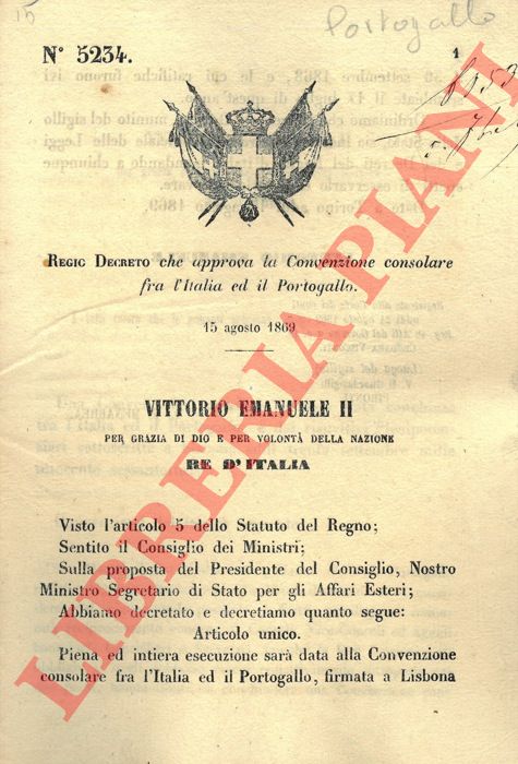 Regio Decreto - con cui si approva la Convenzione consolare tra Italia e Portogallo.