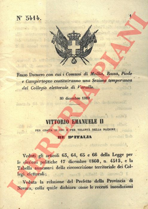 Regio Decreto - con cui i Comuni di Mollia, Rassa, Piode e Campertogno costituiranno una Sezione temporanea del Collegio elettorale di Varallo.
