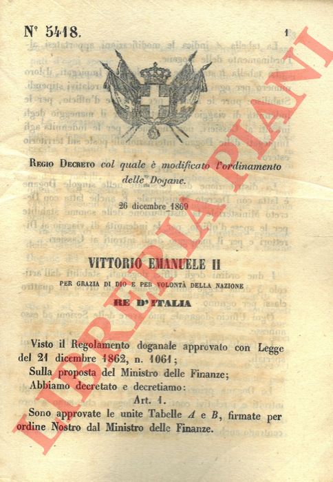 Regio Decreto - col quale  modificato l'ordinamento delle Dogane.