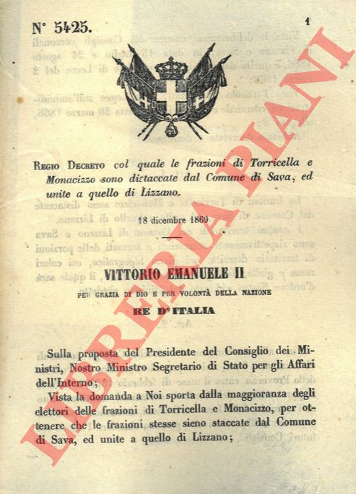 Regio Decreto - col quale le frazioni di Torricella e Monacizzo sono distaccate dal Comune di Sava, ed unite a quello di Lizzano.