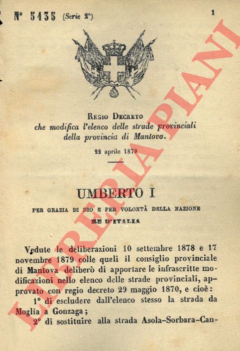 Regio Decreto - che modifica l'elenco delle strade provinciali della provincia di Mantova.