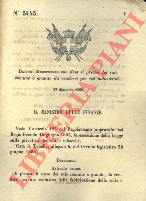 Decreto Ministeriale - che fissa il prezzo del sale comune o granito da vendersi per usi industriali.