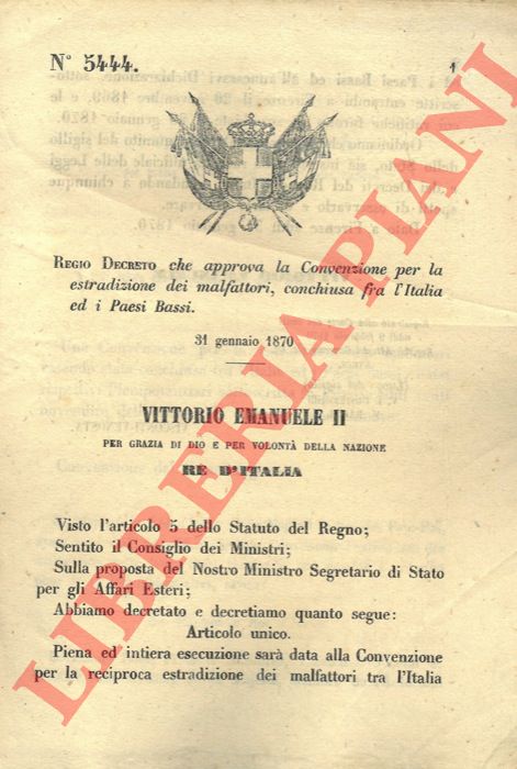 Regio Decreto - che approva la Convenzione per la estradizione dei malfattori, conchiusa fra l'Italia ed i Paesi Bassi.