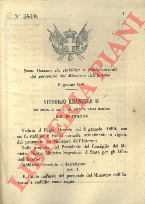 Regio Decreto - che stabilisce il Ruolo normale del personale del Ministero dell'Interno.