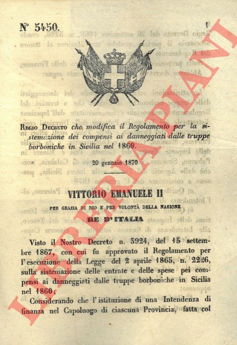 Regio Decreto - che modifica il regolamento per la sistemazione dei compensi ai danneggiati dalle truppe borboniche in Sicilia nel 1860.