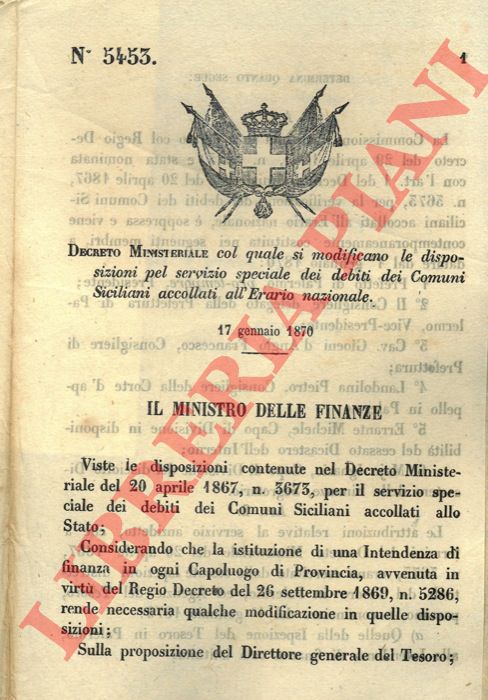 Decreto Ministeriale - col quale si modificano le disposizioni pel servizio speciale dei debiti dei Comuni Siciliani accollati all'Erario nazionale.