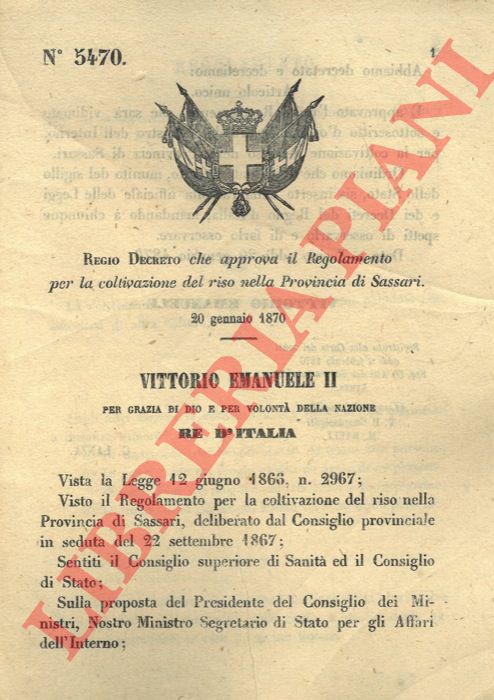 Regio Decreto - che approva il Regolamento per la coltivazione del riso nella Provincia di Sassari.