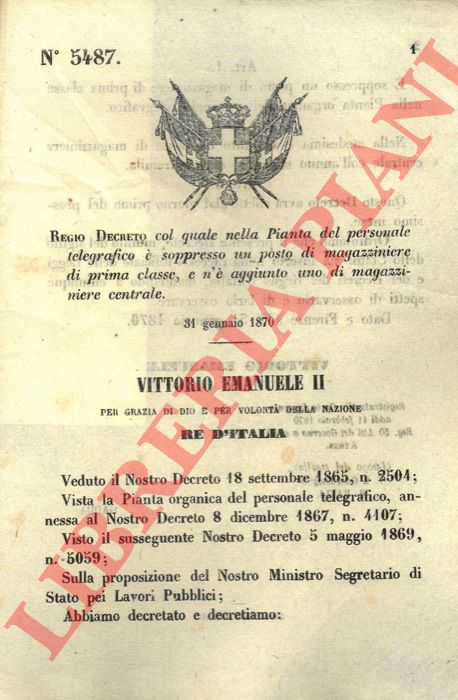 Regio Decreto - col quale nella Pianta del personale telegrafico  soppresso un posto di magazziniere di prima classe, e n' aggiunto uno di magazziniere centrale.