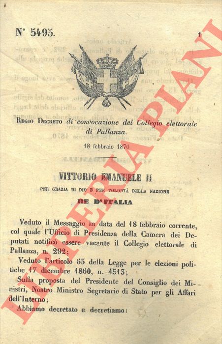 Regio decreto - di convocazione del Collegio elettorale di Pallanza.