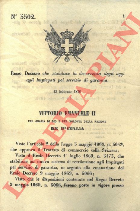 Regio Decreto - che stabilisce la decorrenza degli aggi agli impiegati pel servizio di garanzia.