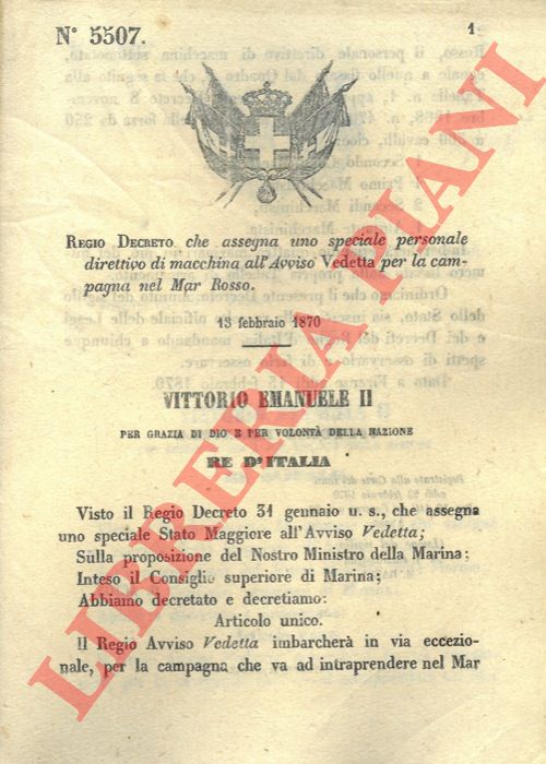 Regio decreto - che assegna uno speciale personale direttivo di macchina all'avviso Vedetta per la campagna nel Mar Rosso.