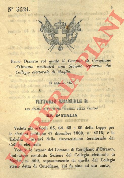 Regio Decreto - col quale il Comune di Corigliano d'Otranto costituir una Sezione separata del Collegio elettorale di Maglie.