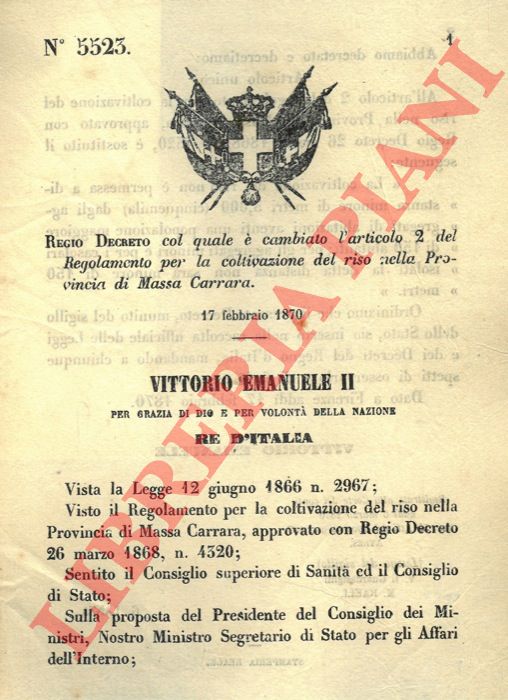 Regio Decreto - col quale  cambiato il regolamento per la coltivazione del riso nella Provincia di Massa Carrara.