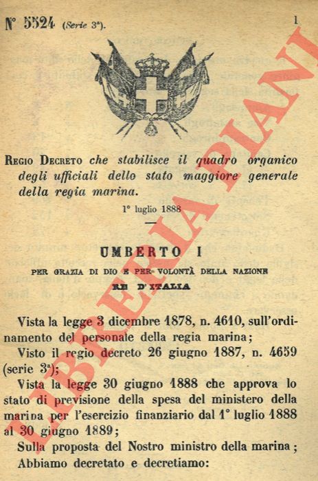 Regio Decreto - che stabilisce il quadro organico degli ufficiali dello stato maggiore generale della regia marina.